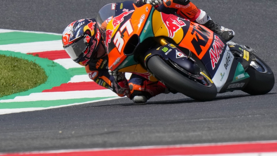Spain's rider Pedro Acosta of the Red Bull KTM Ajo steers his motorcycle during the Moto 2 race of the Grand Prix of Italy at the Mugello circuit in Scarperia, Italy, Sunday, June 11, 2023. (AP Photo/Luca Bruno)
