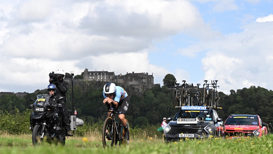 Belgium's Remco Evenepoel takes part in the men's Individual Time Trial in Stirling during the UCI Cycling World Championships in Scotland on August 11, 2023. (Photo by Oli SCARFF / AFP)