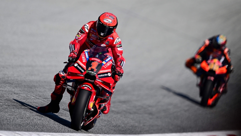 Ducati Lenovo Team Italian rider Francesco Bagnaia leads the sprint race at the Red Bull Ring race track in Spielberg, Austria on August 19, 2023, ahead of the MotoGP Austrian Grand Prix. (Photo by Jure Makovec / AFP)