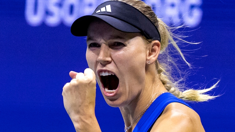 Denmark's Caroline Wozniacki reacts after a point won against Czech Republic's Petra Kvitova during the US Open tennis tournament women's singles second round match at the USTA Billie Jean King National Tennis Center in New York City, on August 30, 2023. (Photo by COREY SIPKIN / AFP)