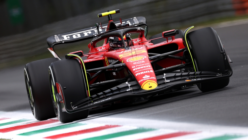 MONZA, ITALY - SEPTEMBER 01: Carlos Sainz of Spain driving (55) the Ferrari SF-23 on track during practice ahead of the F1 Grand Prix of Italy at Autodromo Nazionale Monza on September 01, 2023 in Monza, Italy. (Photo by Ryan Pierse/Getty Images)