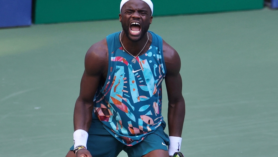 USA's Frances Tiafoe celebrates his victory against France's Adrian Mannarino during the US Open tennis tournament men's singles third round match at the USTA Billie Jean King National Tennis Center in New York City, on September 1, 2023. (Photo by Kena Betancur / AFP)