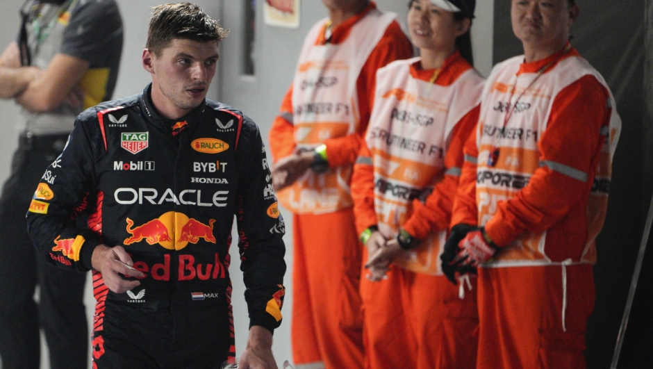 Red Bull driver Max Verstappen of the Netherlands reacts following the Singapore Formula One Grand Prix at the Marina Bay circuit, Singapore,Sunday, Sept. 17, 2023. (AP Photo/Vincent Thian)