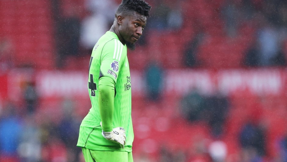 MANCHESTER, ENGLAND - SEPTEMBER 30: Andre Onana of Manchester United looks dejected at full-time following the Premier League match between Manchester United and Crystal Palace at Old Trafford on September 30, 2023 in Manchester, England. (Photo by Alex Livesey/Getty Images)