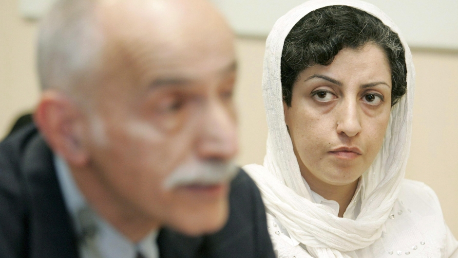 epa10903190 (FILE) - Iranian activist Narges Mohammadi (R) listens to Karim Lahidji (L), president of the Iranian league for the Defence of Human Rights, during a press conference on the Assessment of the Human Rights Situation in Iran, at the UN headquarters in Geneva, Switzerland, 09 June 2008 (reissued 06 October 2023). Mohammadi was awarded the Nobel Peace Prize on 06 October 2023 'for her fight against women's oppression in Iran and her fight to promote human rights and freedom for all,' the Norwegian Nobel Committeeâ??s chairwoman said during the award ceremony in Oslo.  EPA/MAGALI GIRARDIN *** Local Caption *** 56404325