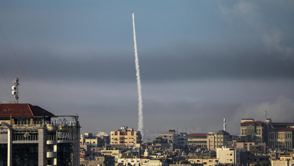 epa10904635 A rocket is launched from the coastal Gaza strip towards Israel by militants of the Ezz Al-Din Al Qassam militia, the military wing of Hamas movement, in Gaza City, 07 October 2023. Rocket barrages were launched from the Gaza Strip early Saturday in a surprise attack claimed by the Islamist movement Hamas.  EPA/MOHAMMED SABER