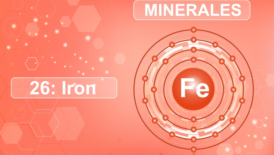 Electronic scheme of the shell of the mineral and trace element Ferrum, Fe, 26th element of the periodic table of elements. Abstract red gradient background from hexagons. Information poster. Vector illustration