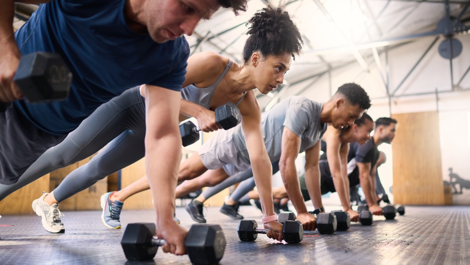 Strong, fitness and gym people with dumbbell teamwork training or exercise community, accountability and group. Sports diversity friends on floor in pushup muscle workout, power and wellness together