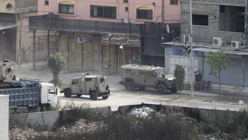 Israeli military vehicles are seen during a raid on Nur Shams refugee camp in the West Bank on Thursday, Oct. 19, 2023. (AP Photo/Majdi Mohammed)   Associated Press/LaPresse Only Italy and Spain