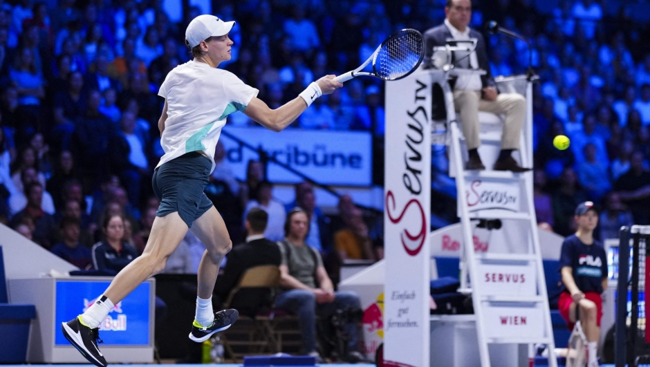 Italy's Jannik Sinner returns the ball to Russia's Daniil Medvedev during their final men's singles match of the Erste Bank Open tennis tournament in Vienna on October 29, 2023. (Photo by Eva MANHART / APA / AFP) / Austria OUT