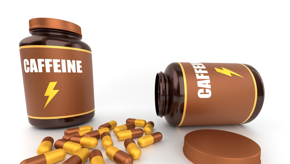 3d Illustration of caffeine capsules and bottle on white background