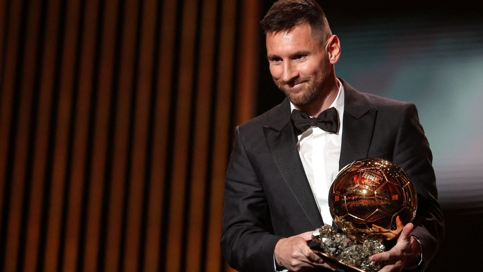 Inter Miami CF's Argentine forward Lionel Messi receives his 8th Ballon d'Or award during the 2023 Ballon d'Or France Football award ceremony at the Theatre du Chatelet in Paris on October 30, 2023. (Photo by FRANCK FIFE / AFP)