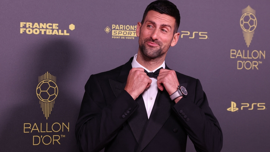 Serbian tennis player Novak Djokovic poses prior to the 2023 Ballon d'Or France Football award ceremony at the Theatre du Chatelet in Paris on October 30, 2023. (Photo by FRANCK FIFE / AFP)