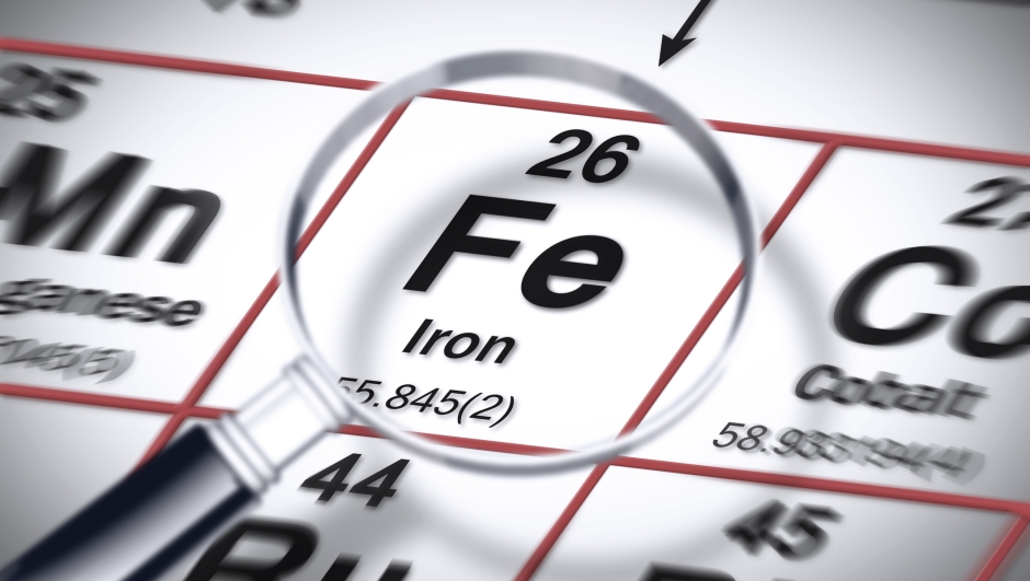 Focus on Iron chemical element - concept image with the Mendeleev periodic table