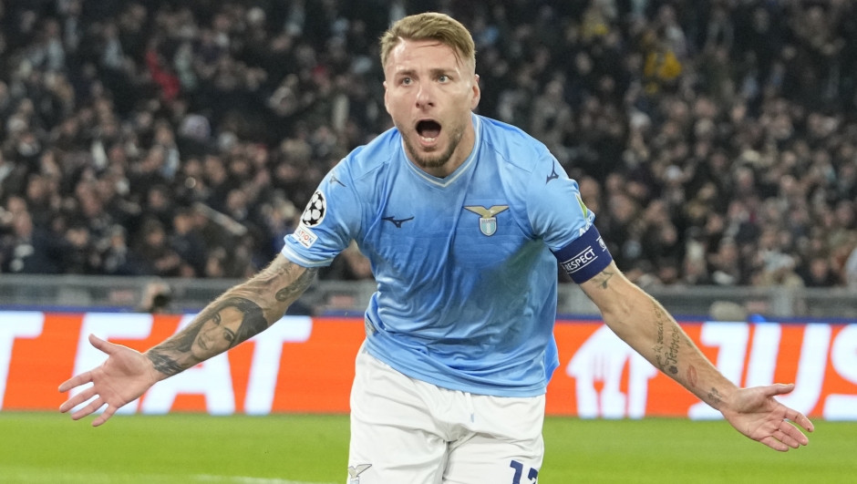 Lazio's Ciro Immobile celebrates after scoring his side's first goal during the Champions League, group E, soccer match between Lazio and Celtic at Rome's Olympic stadium, Tuesday, Nov. 28, 2023. (AP Photo/Alessandra Tarantino)