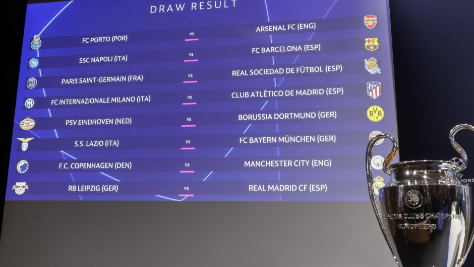epa11035679 The draw results are shown on an electronic panel next to the UEFA Champions League trophy, after the draw ceremony for the UEFA Champions League Round of 16 fixtures in Nyon, Switzerland, 18 December 2023.  EPA/SALVATORE DI NOLFI