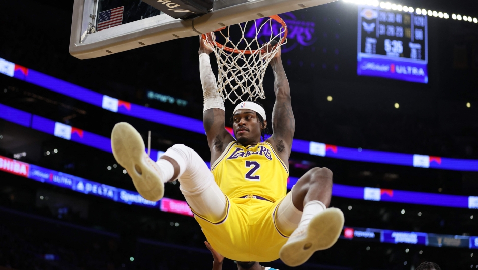 LOS ANGELES, CALIFORNIA - DECEMBER 28: Jarred Vanderbilt #2 of the Los Angeles Lakers reacts after a dunk during the second half of a game against the Charlotte Hornets at Crypto.com Arena on December 28, 2023 in Los Angeles, California. NOTE TO USER: User expressly acknowledges and agrees that, by downloading and or using this photograph, User is consenting to the terms and conditions of the Getty Images License Agreement.   Sean M. Haffey/Getty Images/AFP (Photo by Sean M. Haffey / GETTY IMAGES NORTH AMERICA / Getty Images via AFP)