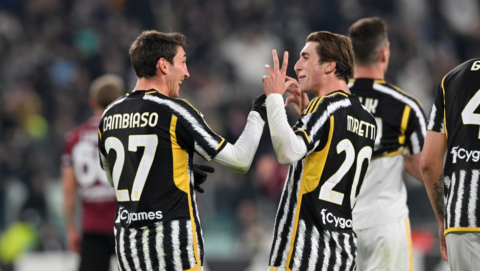 TURIN, ITALY - JANUARY 04: Fabio Miretti of Juventus jokes with teammate Andrea Cambiaso after his goal during the Coppa Italia Round of 16 match between Juventus FC v US Salernitana at Allianz Stadium on January 04, 2024 in Turin, Italy. (Photo by Chris Ricco - Juventus FC/Juventus FC via Getty Images)