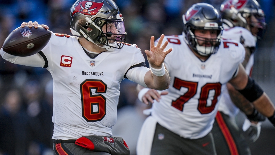 Tampa Bay Buccaneers quarterback Baker Mayfield (6) passes against the Carolina Panthers during the second half of an NFL football game, Sunday, Jan. 7, 2024, in Charlotte, N.C. (AP Photo/Rusty Jones)