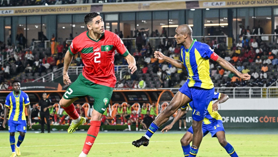 Morocco's defender #2 Achraf Hakimi (L) fights for the ball with Tanzania's midfielder #7 Himid Mao during the Africa Cup of Nations (CAN) 2024 group F football match between Morocco and Tanzania at Stade Laurent Pokou in San Pedro on January 17, 2024. (Photo by SIA KAMBOU / AFP)