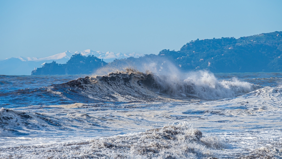 Big wave in mediterranean sea with Portofino Promontory and snow-clad Alps on the back