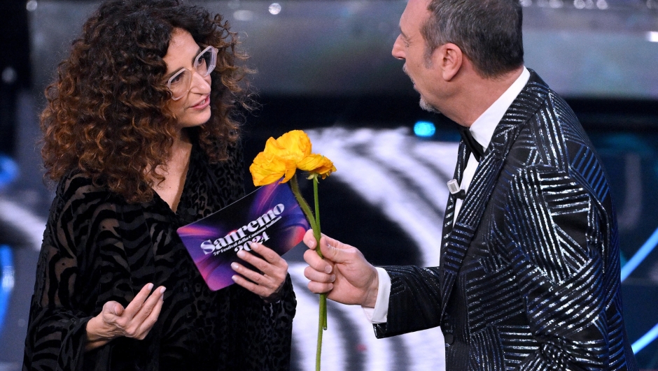 Sanremo Festival host and artistic director Amadeus (R) with Sanremo Festival co-host and Italian actress Teresa Mannino on stage at the Ariston theatre during the 74th Sanremo Italian Song Festival, in Sanremo, Italy, 08 February 2024. The music festival will run from 06 to 10 February 2024.  ANSA/ETTORE FERRARI