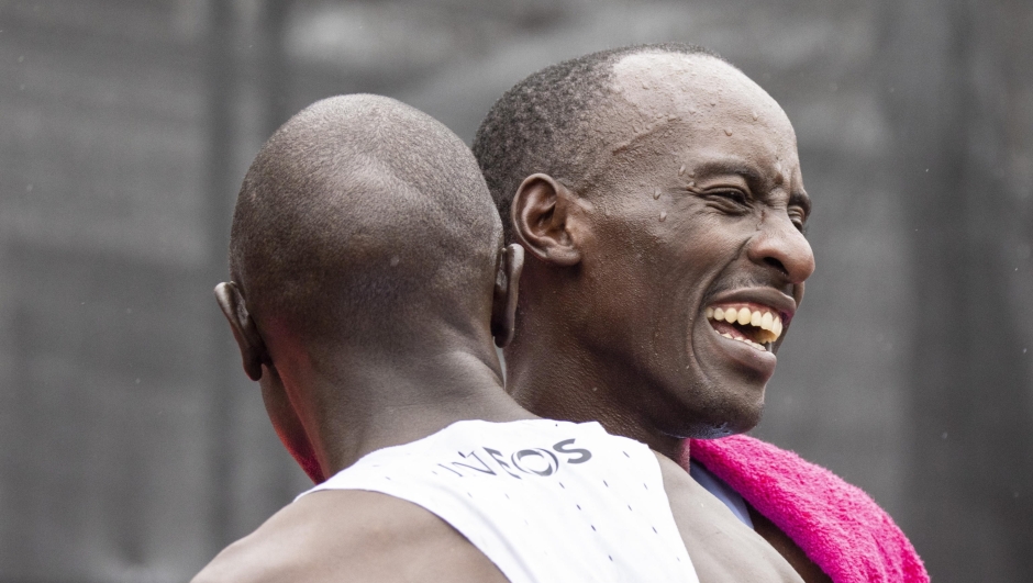 epa11147070 (FILE) - Kenya's Kelvin Kiptum (R) reacts after finishing first in the men's elite race of the London Marathon, Britain, 23 April 2023 (reissued 12 February 2024). Kiptum died on 11 February 2024 aged 24 in a road accident in Kenya. The Kenyan athlete had set the marathonâ??s men's world record at the 2023 Chicago Marathon.  EPA/Tolga Akmen