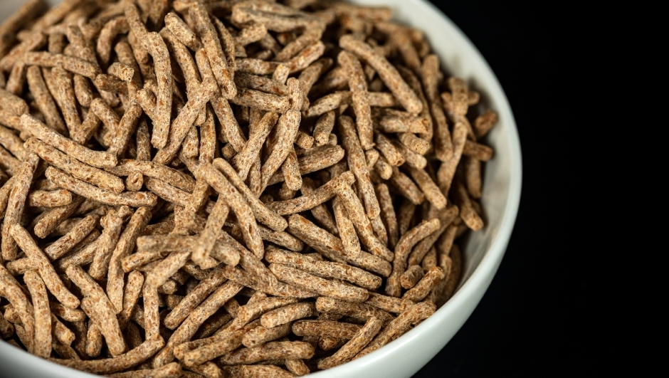 Extreme close-up of a white cup full of sticks of bran isolated on black background.