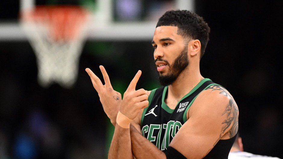 BOSTON, MASSACHUSETTS - MARCH 01: Jayson Tatum #0 of the Boston Celtics reacts before a game against the Dallas Mavericks at the TD Garden on March 01, 2024 in Boston, Massachusetts. NOTE TO USER: User expressly acknowledges and agrees that, by downloading and or using this photograph, User is consenting to the terms and conditions of the Getty Images License Agreement.   Brian Fluharty/Getty Images/AFP (Photo by Brian Fluharty / GETTY IMAGES NORTH AMERICA / Getty Images via AFP)