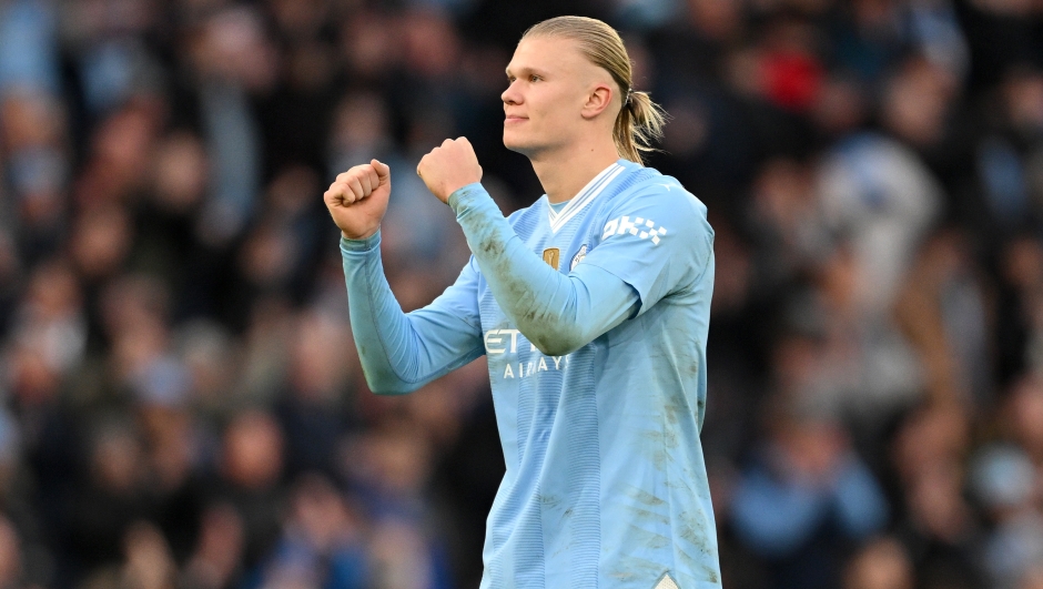 MANCHESTER, ENGLAND - MARCH 03: Erling Haaland of Manchester City celebrates at full-time following the team's victory in the Premier League match between Manchester City and Manchester United at Etihad Stadium on March 03, 2024 in Manchester, England. (Photo by Michael Regan/Getty Images)
