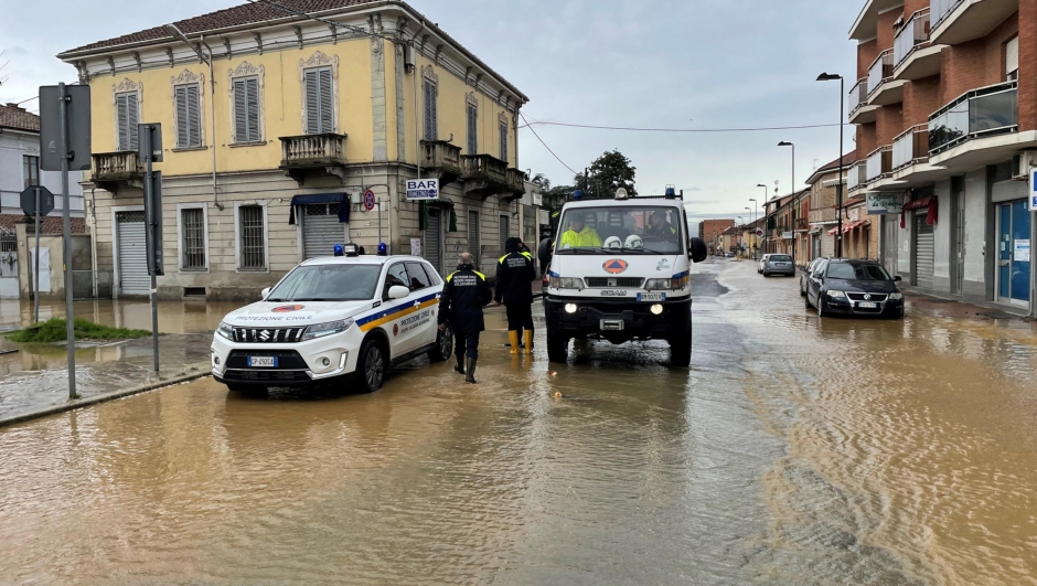 A general view on flooded streets after storms with gusts of wind hit the city with the sea water entering the streets causing flooding, at Spinetta Marengo district in Alessandria, Italy, 10 March 2024. The situation is constantly monitored by the Local Police and Civil Protection, active since the night. ANSA/DINO FERRETTI
