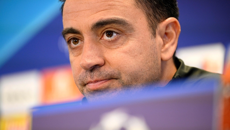 Barcelona's Spanish coach Xavi gives a press conference on the eve of their UEFA Champions League last 16 second leg football match against SSC Napoli at the training center in Barcelona on March 11, 2024. (Photo by Josep LAGO / AFP)