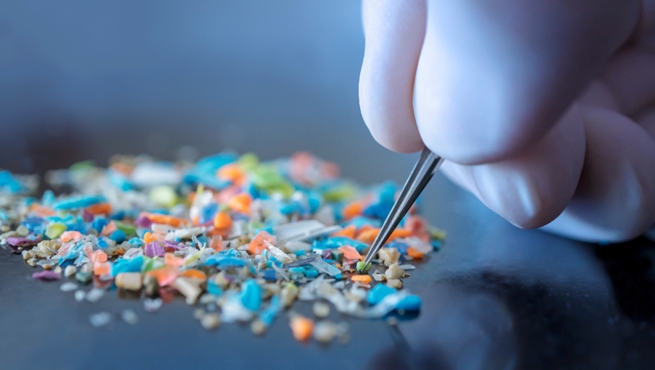 Macro shot of a person with medical gloves and tweezers inspecting a pile of micro plastics. Concept of water pollution and global warming. Macro shot of micro plastics. Cool blue filter applied.