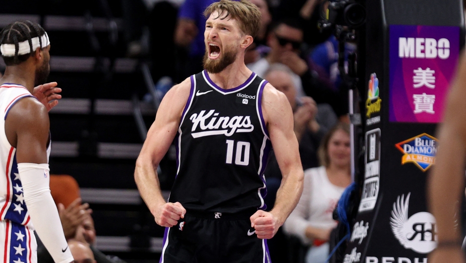 SACRAMENTO, CALIFORNIA - MARCH 25: Domantas Sabonis #10 of the Sacramento Kings reacts after the Kings made a basket against the Philadelphia 76ers at Golden 1 Center on March 25, 2024 in Sacramento, California. NOTE TO USER: User expressly acknowledges and agrees that, by downloading and or using this photograph, User is consenting to the terms and conditions of the Getty Images License Agreement.   Ezra Shaw/Getty Images/AFP (Photo by EZRA SHAW / GETTY IMAGES NORTH AMERICA / Getty Images via AFP)