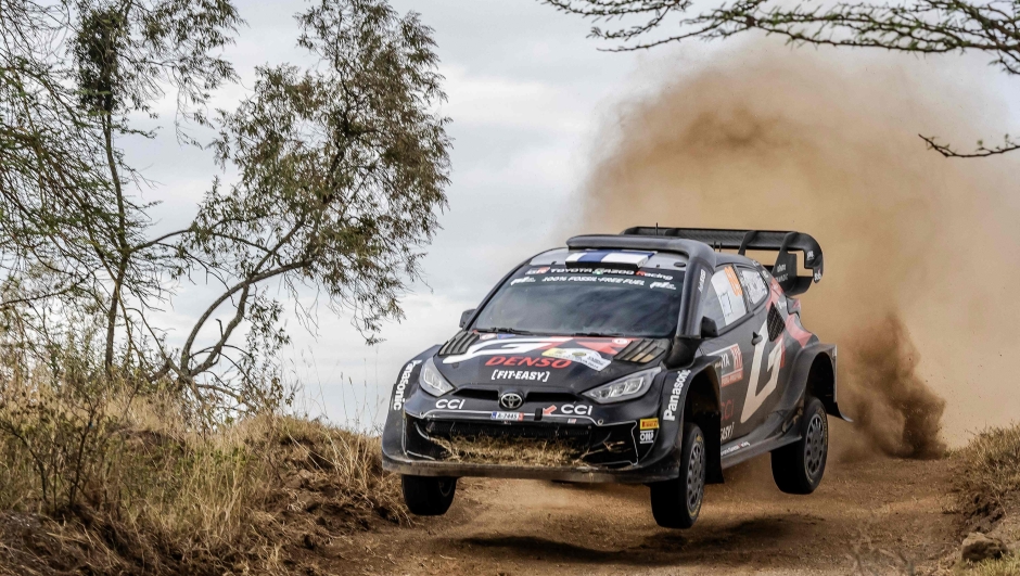 Toyota Gazoo Racing WRT's Finnish driver Kalle Rovanpera steers his Toyota GR Yaris Rally1 Hybrid with Finnish co-driver Jonne Halttunen during the World Rally Championship (WRC) Safari Rally Kenya Special Stage 8 (SS8) in Gilgil, on March 30, 2024. (Photo by LUIS TATO / AFP)