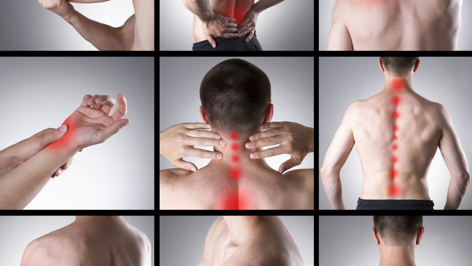 Pain in a man's body on a gray background. Collage of several photos with red dots