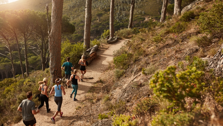 Group of young people trail running on a mountain path. Runners working out in beautiful nature.