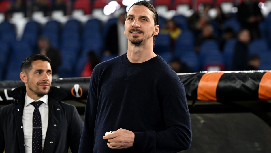 ROME, ITALY - APRIL 18: AC Milan Senior Advisor to Ownership Zlatan Ibrahimovic looks on before the UEFA Europa League 2023/24 Quarter-Final second leg match between AS Roma and AC Milan at Stadio Olimpico on April 18, 2024 in Rome, Italy. (Photo by Claudio Villa/AC Milan via Getty Images)