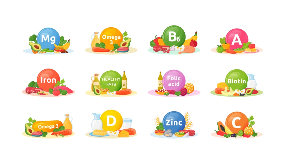 Products rich of vitamins, minerals for health cartoon vector illustrations set. Balanced diet flat color object. Vitamin A, B6, D. Good nutrition. Healthy eating isolated on white background