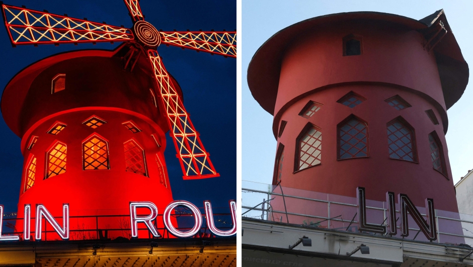 Nella combo, a sinistra il Moulin Rouge prima della caduta delle pale, e, a destra, dopo. AFP