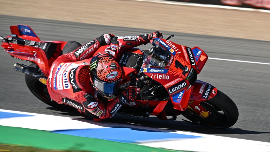 Ducati Italian rider Francesco Bagnaia rides during the first practice session of the MotoGP Spanish Grand Prix at the Jerez racetrack in Jerez de la Frontera on April 26, 2024. (Photo by JAVIER SORIANO / AFP)