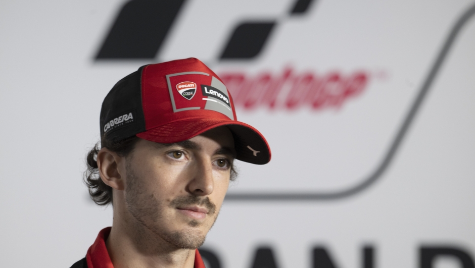 JEREZ DE LA FRONTERA, SPAIN - APRIL 25: Francesco Bagnaia of Italy and Ducati Lenovo Team looks on  during the press conference pre-event during the MotoGP Of Spain - Previews on April 25, 2024 in Jerez de la Frontera, Spain.  (Photo by Mirco Lazzari gp/Getty Images)