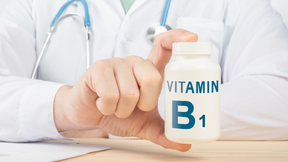 Vitamins and supplements for human health. Doctor recommends taking vitamin B1. doctor talks about Benefits of vitamin B1. Essential vitamins and minerals for humans. B1 Vitamin Health Concept.