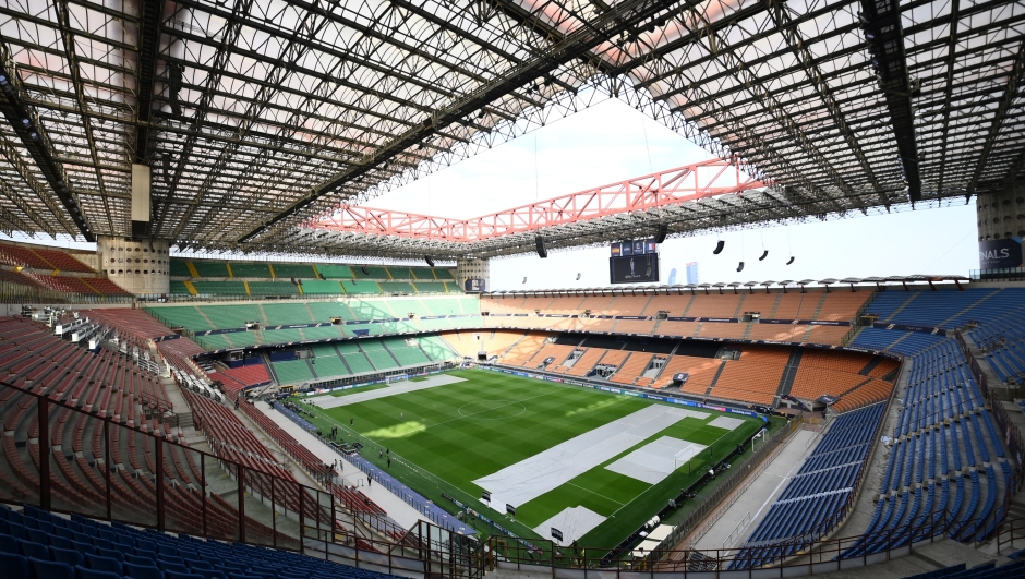 A picture shows a general view of the interior of the San Siro Stadium in Milan on October 9, 2021. (Photo by FRANCK FIFE / AFP)