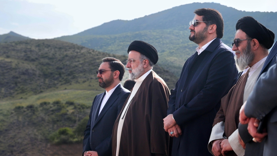 epa11353171 A handout photo made available by the Iranian presidential office shows, Iranian President Ebrahim Raisi (2-L), Iranian road and Urban minister Mehrdad Bazrpash (2-R) at the site of the Iran-Azerbaijan-constructed Qiz-Qalasi dam at the Aras River at the Iran and Azerbaijan shared border in north-western Iran, 19 May 2024. According to Iranian state media, a helicopter carrying Iranian President Ebrahim Raisi has suffered a 'hard landing', giving no further information about the incident. Raisi was returning after an inauguration ceremony of the joint Iran-Azerbaijan-constructed Qiz-Qalasi dam at the Aras River at the Iran and Azerbaijan shared border in north-western Iran.  EPA/IRANIAN PRESIDENTIAL OFFICE / HANDOUT   HANDOUT EDITORIAL USE ONLY/NO SALES HANDOUT EDITORIAL USE ONLY/NO SALES