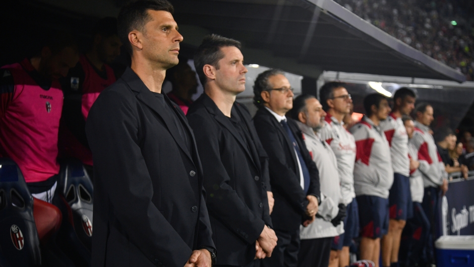 Bologna?s head coach Thiago Motta looks on during the minute of silence in honor of the victims of Suviana during the Serie a Tim match between Bologna and Monza - Serie A TIM at Renato Dall?Ara Stadium - Sport, Soccer - Bologna, Italy - Saturday April 13, 2024 (Photo by Massimo Paolone/LaPresse)