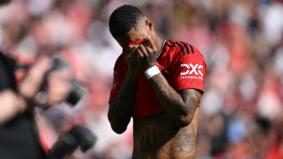 LONDON, ENGLAND - MAY 25: Marcus Rashford of Manchester United looks emotional after the team's victory in the Emirates FA Cup Final match between Manchester City and Manchester United at Wembley Stadium on May 25, 2024 in London, England. (Photo by Mike Hewitt/Getty Images)