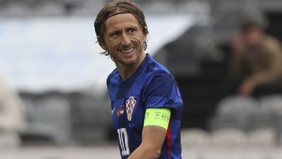 Croatia's Luka Modric celebrates after scoring his side's first goal on a penalty kick during an international friendly soccer match between Portugal and Croatia at the National Stadium in Oeiras, outside Lisbon, Saturday, June 8, 2024. (AP Photo/Pedro Rocha)