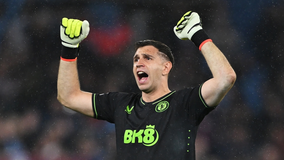 BIRMINGHAM, ENGLAND - MAY 13: Emiliano Martinez of Aston Villa reacts following the Premier League match between Aston Villa and Liverpool FC at Villa Park on May 13, 2024 in Birmingham, England. (Photo by Shaun Botterill/Getty Images)