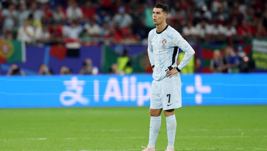 GELSENKIRCHEN, GERMANY - JUNE 26: Cristiano Ronaldo of Portugal looks dejected after defeat to Georgia during the UEFA EURO 2024 group stage match between Georgia and Portugal at Arena AufSchalke on June 26, 2024 in Gelsenkirchen, Germany. (Photo by Kevin C. Cox/Getty Images)